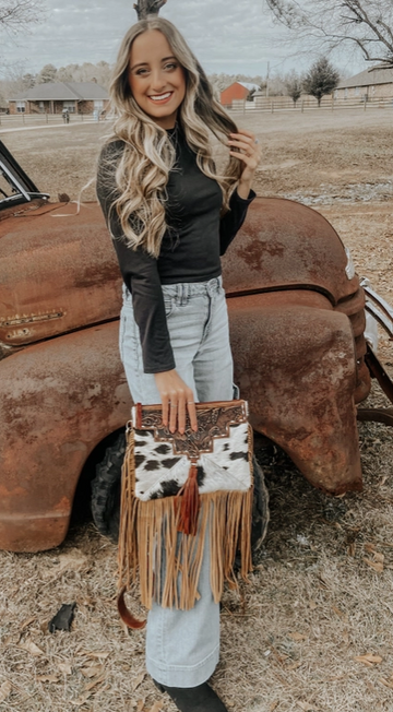 Texas Western Cowhide Tooled Leather Western Fringe Cowhide Crossbody with Buckle